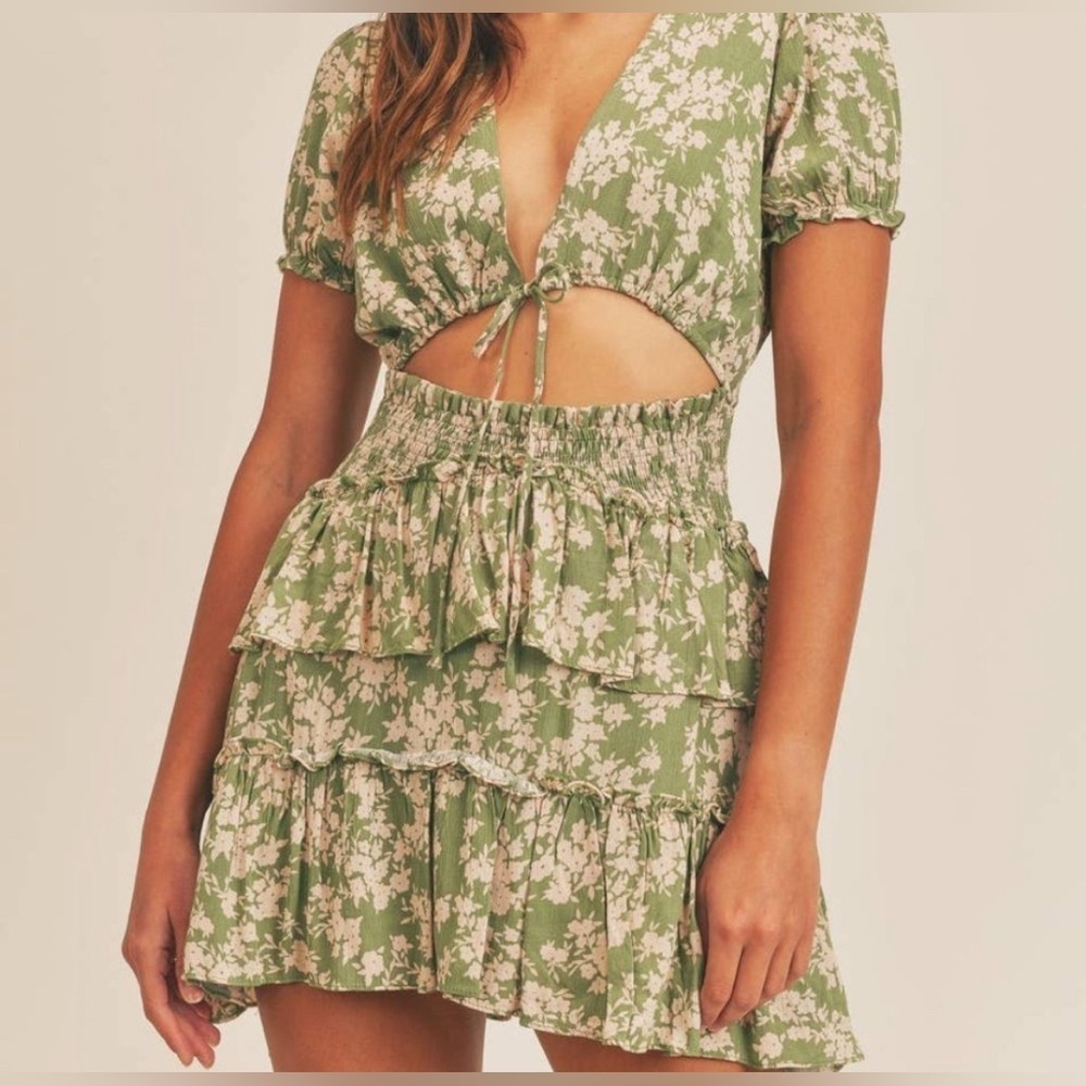 MABLE Green & Cream Floral Cutout Mini Dress L